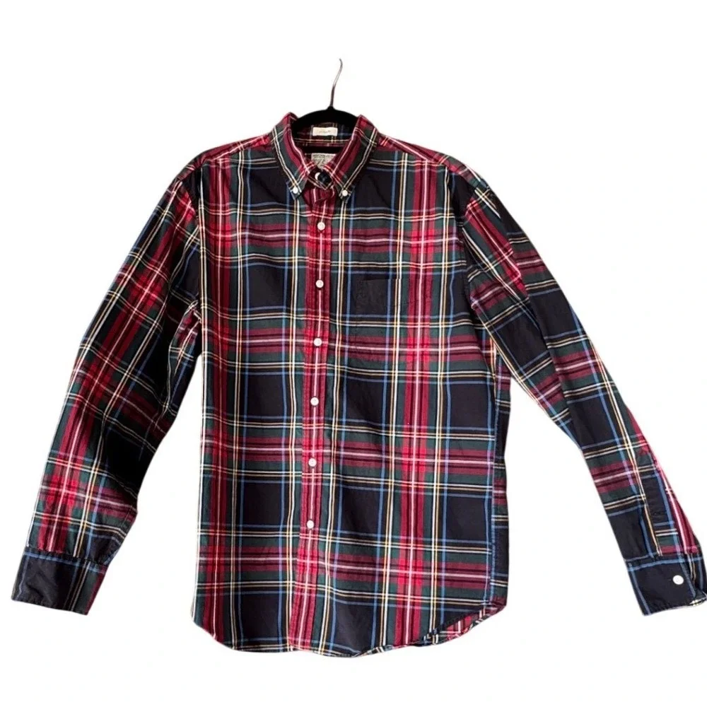 J.Crew Shirt Mens L Secret Wash Plaid Stretch Black Red Green Cotton BB804 HOL21